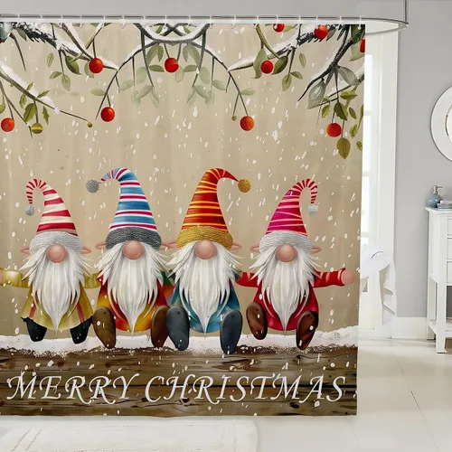 Miniatura 26 de Homewish Cortina de ducha de árbol de Navidad, juego de cortina de ducha de baño con diseño de copo de nieve dorado para niños y adultos, cortina