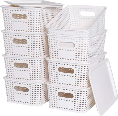 Miniatura 9 de Cestas de almacenamiento de plástico con tapa, contenedores de almacenamiento de plástico apilables: cestas de almacenamiento para organizar