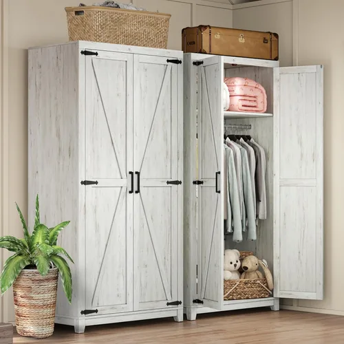 Miniatura 9 de AMERLIFE Armario de granja, clóset con 2 puertas estilo granero, gabinete de almacenamiento de 71" con barra para colgar y estante, almacenamiento