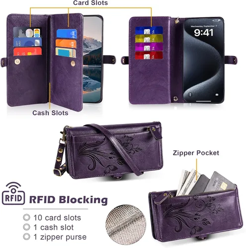 Miniatura 2 de Funda tipo cartera cruzada para Galaxy S24 Ultra, [protección contra escaneo de robo de tarjetas] tarjetero con cremallera y tapa de piel, soporte
