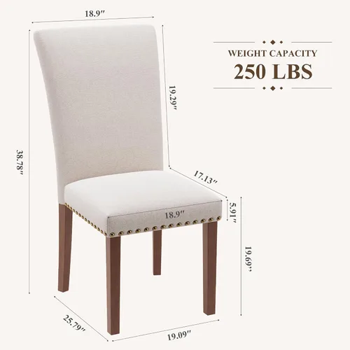Miniatura 2 de Juego de 2 sillas de comedor de granja, respaldo alto con patas de madera y ribete de cabeza de clavo, silla de comedor de tela moderna