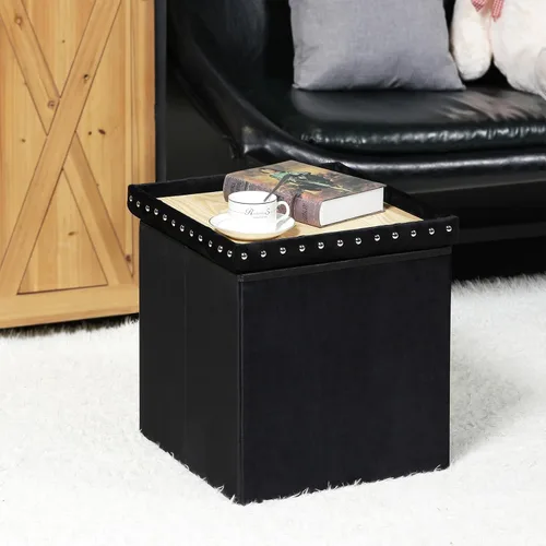 Miniatura 2 de PINPLUS Otomano de almacenamiento plegable negro en forma de cubo, taburete pequeño de terciopelo con diseño de remaches, reposapiés acolchado