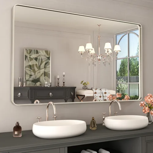 Miniatura 104 de WEER - Espejo de baño dorado, espejo de 40x32 pulgadas con marco de metal dorado cepillado, espejo de tocador de baño de oro para pared