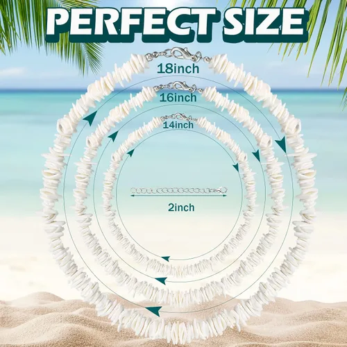 Miniatura 2 de Funtery 6 piezas de collar de concha de puka blanca, collar hawaiano de conchas marinas, collares de playa, collar de surfista con 6 cadenas