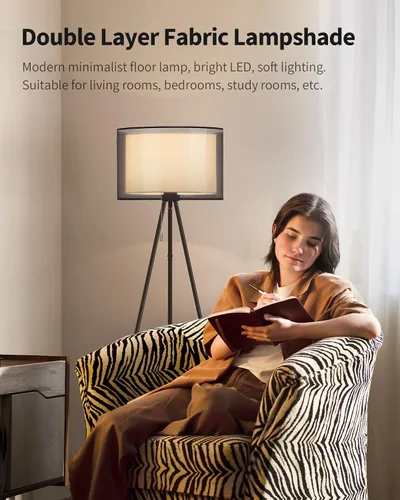 Miniatura 3 de KDG Lámpara de pie moderna, lámpara de trípode alta para sala de estar, dormitorio, oficina; pantalla de tela, bombilla LED, luz cálida (negro)