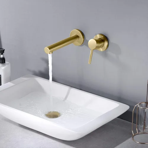 Miniatura 4 de SUMERAIN Grifo de baño de oro cepillado grifo de montaje en pared de latón sola manija con válvula áspera