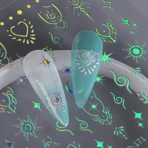 Miniatura 7 de Calcomanías de uñas de estrella de luna, calcomanías de arte autoadhesivas 3D, calcomanías de diseño de estrellas y sol, suministros de oro láser