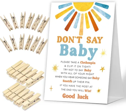 Miniatura 10 de No digas juego de bebé, Here Comes the Sun, juego de baby shower incluye letrero de baby shower y 50 pinzas para la ropa, decoración de baby shower