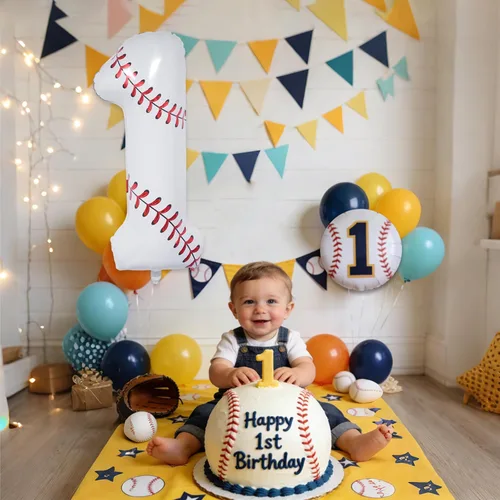 Miniatura 6 de Decoraciones de cumpleaños de béisbol, globo de béisbol número 1 de 40 pulgadas, globos temáticos deportivos para decoración de fiesta de primer