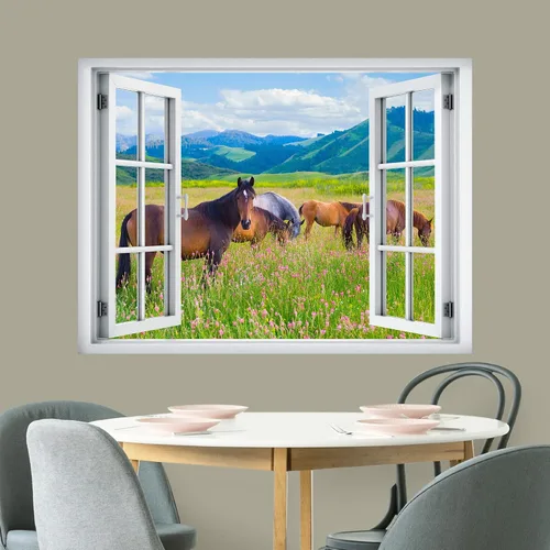 Miniatura 3 de wall26 Adhesivo removible de pared/mural de pared, vista de ventana, rústico, campo, semental, caballos, animales, naturaleza, fotografía, realismo