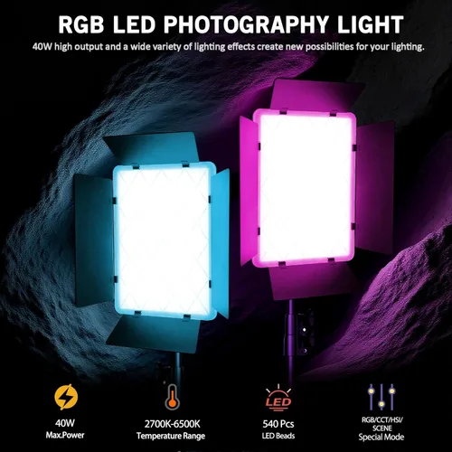 Miniatura 2 de NiceVeedi Iluminación de fotografía RGB de 40 W con 20 efectos, 360° a todo color/2700-6500K luces de estudio con control remoto y pantalla