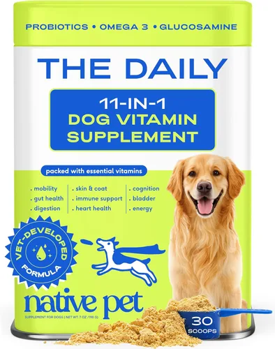 Native Pet Vitaminas y Suplementos para Perros - Polvo de Vitaminas 11-en-1 para Complemento de Comida de Perro - Colágeno, Glucosamina,