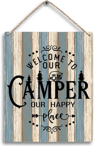FUGWN Camping Hanging Wooden Signs 8x10, Camping Decor, Welcome to Our Camper Our Happy Place Wall Decor Wood Plaque Hanging Decorations for