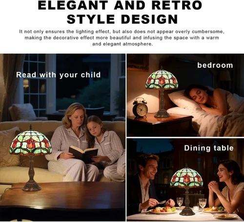 Miniatura 6 de Lámpara de mesa con tulipanes de vitrales, luz de lectura estilo Tiffany, 12 x 12 x 19 pulgadas, lámpara de escritorio de vidrio antiguo