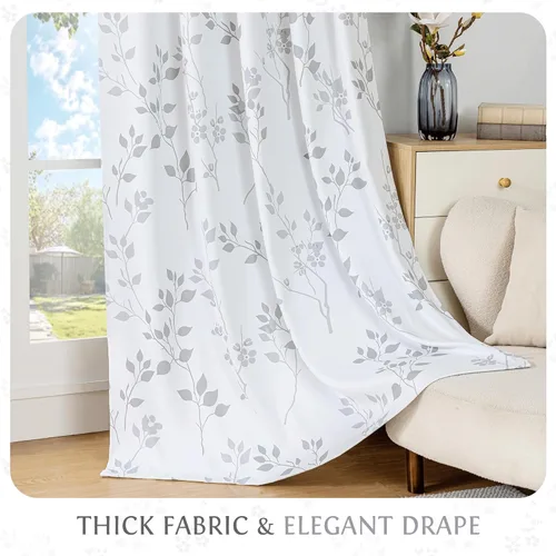 Miniatura 4 de Beauoop Cortinas Florales 100% Opacas de 54 Pulgadas de Largo, 2 Paneles para Dormitorio, Sala de Estar, Azul Gris y Blanco con Patrón de Flores