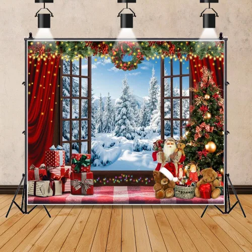 Miniatura 4 de Telón de fondo de ventana de Navidad país de las maravillas 10x8 pies árbol de Navidad rojo para niños fotografía invierno nevado fondo de foto