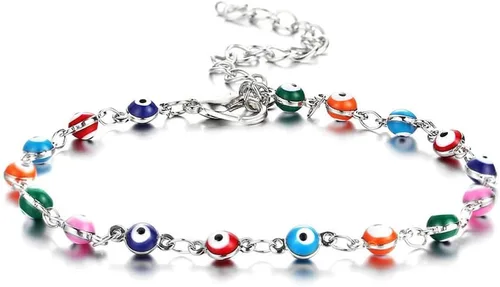 Miniatura 3 de Tobillera de ojo malvado de plata con cuentas de mal de ojo, joyería de pie de moda para la playa para mujer, Plata
