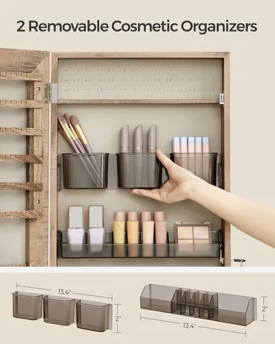Miniatura 45 de SONGMICS Gabinete colgante de joyería, gabinete de pared con luces interiores LED, organizador de joyas montado en la puerta, espejo de cuerpo Blanco