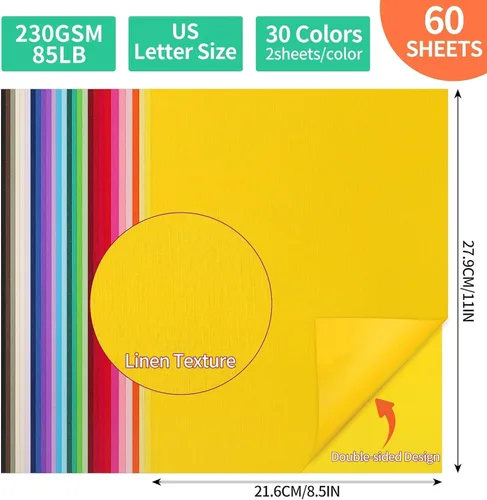 Miniatura 2 de 60 hojas de cartulina de colores texturizados - 8.5 x 11.0 pulgadas / 30 colores 85 libras 230gsm 21.6 x 27.9 cm papel pesado para tarjetas