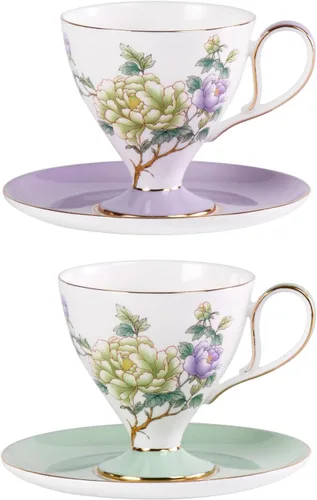 Miniatura 8 de KAMMAK Juego de 2 tazas de café de cerámica, tazas de café de porcelana con platillos, 6.52 onzas hechas a mano, elegante taza de té de porcelana