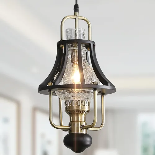 Candelabro de casa de campo moderno, lámpara colgante rústica vintage, lámpara de araña con pantalla de vidrio craquelado, base de jaula de madera y