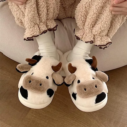 Miniatura 6 de Fuzzy Cow Slippers for Women Men, Cute Cotton Animals House Shoes Fluffy Plush Slippers for Girls Indoor Living Room Bedroom