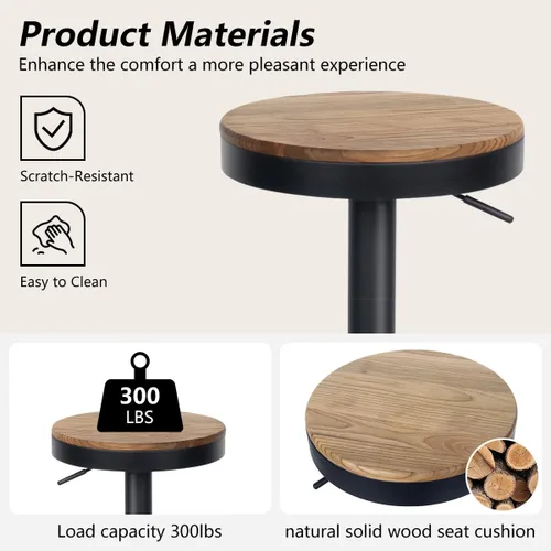 Miniatura 4 de Kidol & Shellder Juego de 2 taburetes de bar negros ajustables giratorios sin espalda, modernos y redondos de madera, sillas de barra de altura sin