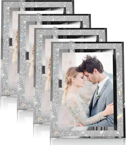 Miniatura 7 de Egofine Juego de 4 marcos de fotos de 4 x 6 pulgadas, marcos de fotos de cristal plateado para boda, para exhibición de mesa vertical u