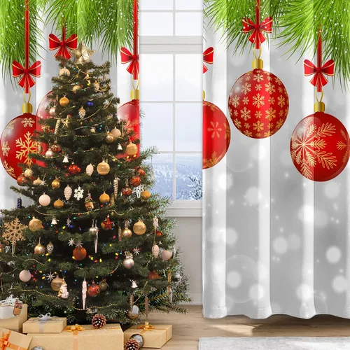 Miniatura 3 de AWERT Cortinas de Navidad con Bolas Vibrantes para Sala de Estar, Cortinas Opacas de Navidad Juego de 2 Paneles, Ojales de Acero Inoxidable Plateado