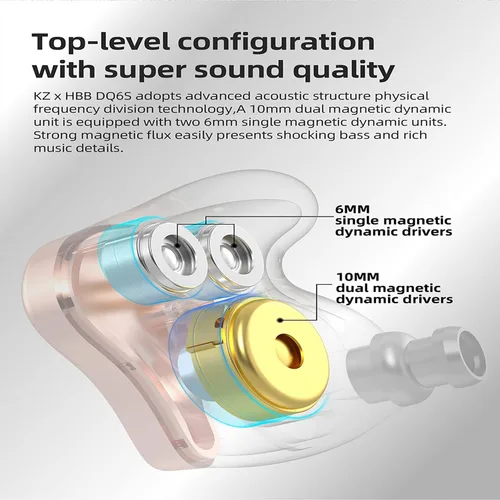 Miniatura 3 de KZ x HBB DQ6S Monitores intrauditivos hechos para amantes de la música, auriculares con cable, auriculares desmontables, auriculares con cancelación