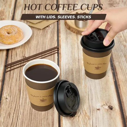 Miniatura 4 de LITOPAK Paquete de 100 tazas de café de papel de 12 onzas con tapas, fundas y palitos de agitación para café, agua o jugo, tazas de papel 12 oz