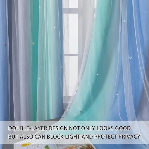 Miniatura 2 de XiDi Cortinas opacas con estrellas para habitaciones de niños, cortinas verdes para ventana de dormitorio de niños, azul y gris, 52 pulgadas de Azul