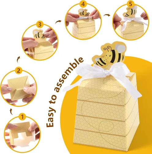 Miniatura 3 de Cyblinia 100 cajas de dulces de abeja, cajas de regalo de colmena, cajas de regalo de abejas con cintas para decoraciones de fiesta de cumpleaños