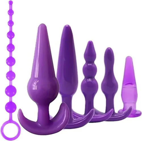 Juego de 6 tapones anales de silicona impermeables para mujeres y hombres, con kit de enchufe de cuentas, paquete de 6 tapones anales, color morado