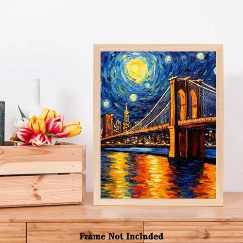 Miniatura 7 de Bestbuddy Pet 8X10 Sin Marco Noche Estrellada Inspirado Puente de Brooklyn Monumento de Nueva York Famosa Arquitectura Tour Mundial Pintura al óleo