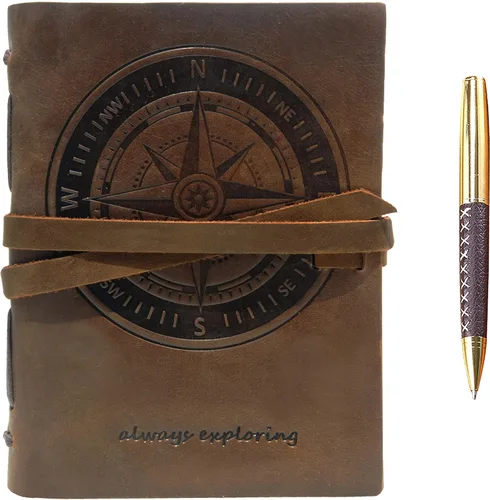 Diario encuadernado en cuero para hombres y mujeres, juego de regalo hecho a mano con brújula náutica en relieve y bolígrafo elegante, vintage y