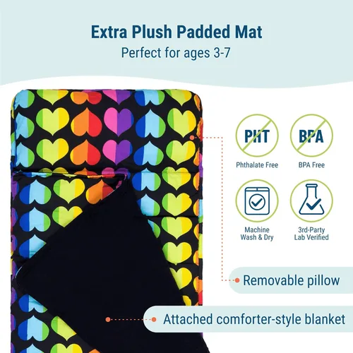 Miniatura 3 de Wildkin Alfombrilla para Siesta Infantil Original – Cómoda Alfombrilla para Dormir con Almohada, Ideal para Escuela y Viajes Corazones arco iris