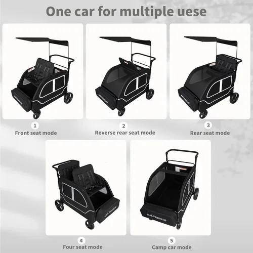 Miniatura 8 de Cochecito grande de 4 plazas, 2, 3, niños pequeños, color negro Car Shaped, Foldable, All Terrain, Removable Canopy, 5 Point Harness, Travel