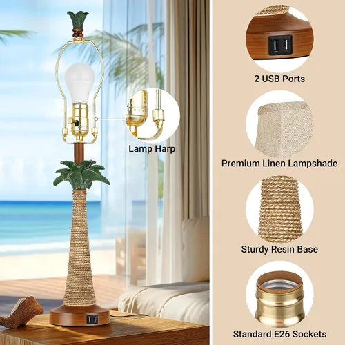 Miniatura 5 de Hamucd Juego de 2 lámparas de mesa con palmera costera con 2 puertos USB para sala de estar, playa, lámparas náuticas para mesita de noche
