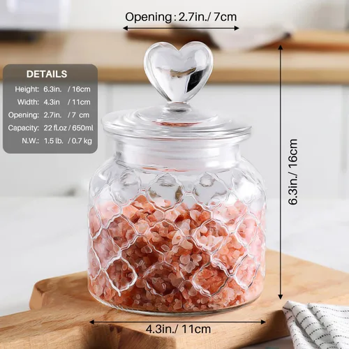 Miniatura 2 de Recipiente de vidrio transparente de 22 onzas con bonitas tapas en forma de corazón, tarros de vidrio para almacenamiento de alimentos con tapas
