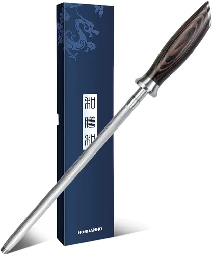 HOSHANHO Varilla de Afilar, Varilla afiladora de cuchillos de cocina profesional de 10 pulgadas, acero japonés de alto carbono con mango ergonómico