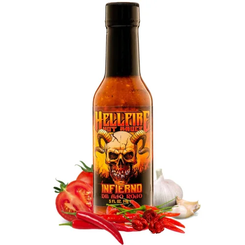 Hellfire Hot Sauce Infierno De Ajo Rojo - Salsa picante gourmet de salsa roja con ajo y pimientos Carolina Reaper, 5 onzas
