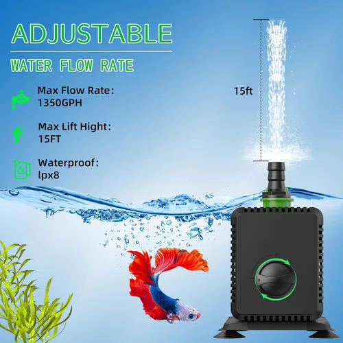 Miniatura 2 de FREESEA Bomba de agua sumergible para estanque: 1350GPH 150W Bomba de fuente con tubo de 6.6 pies para acuario pecera cascada hidropoica