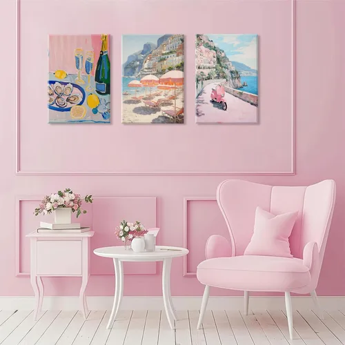 Miniatura 9 de HNNXAR Amalfi Coast - Lienzo decorativo para pared, pintura italiana de playa, pintura artística italiana, fruta, champán, juego de 3, decoración