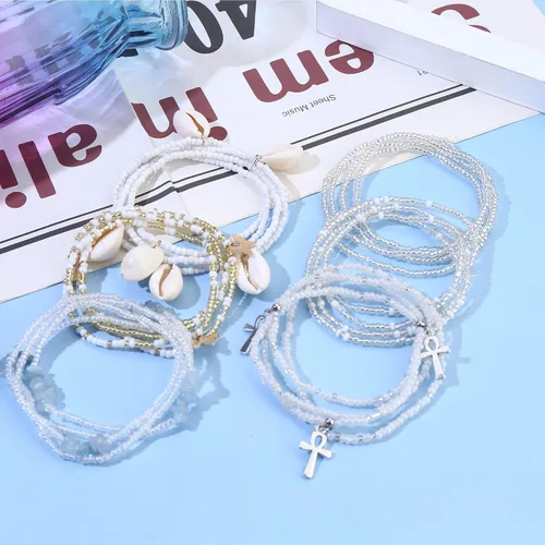Miniatura 4 de Florideco Cuentas de cintura de 27.5 a 50 pulgadas para mujer, joyería africana en capas para el cuerpo en cuentas elásticas coloridas para mujer