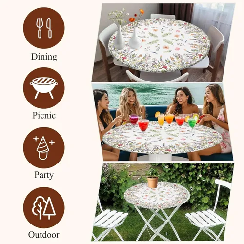 Miniatura 8 de Mantel redondo ajustable con flores silvestres botánicas, manteles elásticos impermeables para interiores y exteriores, mantel elástico para cena