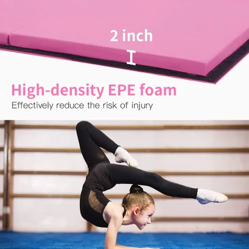 Miniatura 3 de Colchoneta de gimnasia portátil plegable de 4 x 8/2 x 6 pies, tapete de ejercicio de piel sintética con asas de transporte para entrenamiento en Rosa