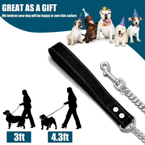 Miniatura 7 de Correa de cadena de plata para perro, acero inoxidable de oro de 18 quilates, correa de perro con mango de cuero para perros (3 pies/plateado)