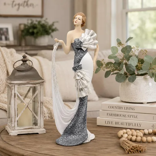 Miniatura 6 de Comfy Hour Figura de dama victoriana de 13 pulgadas, elegante estatua de mujer en vestido blanco y plateado, estilo art déco de los años 20, acento