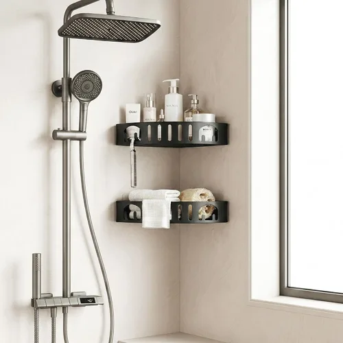 Miniatura 4 de Estante de ducha adhesivo de esquina sin taladro Organizador de baño de aleación de aluminio a prueba de óxido con soporte para afeitar